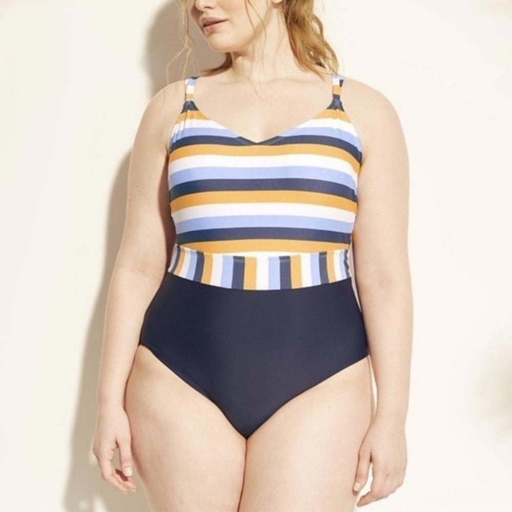 Kona Sol Blue Striped Strappy One Piece Swimsuit